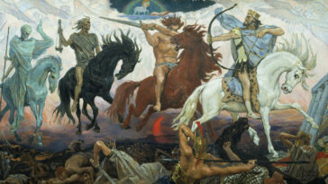 A painting of an adult man riding a horse.